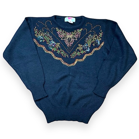 Vintage Festive Black Embellished Sweater and Beaded Floral 80s Design Sz M - Picture 1 of 9